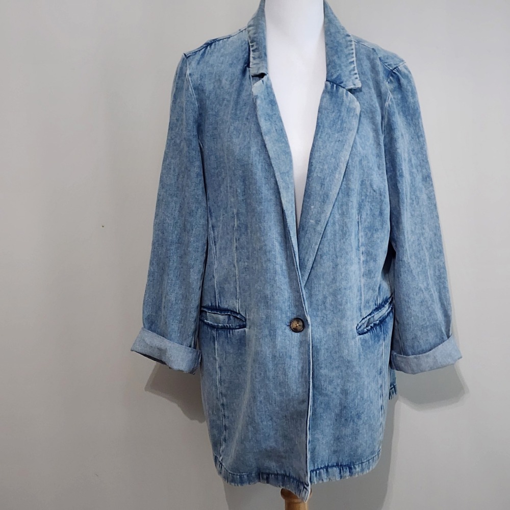 Retro Denim Blazer Womens Medium Blue Acid Wash 80s 90s Oversize Jacket Casual
